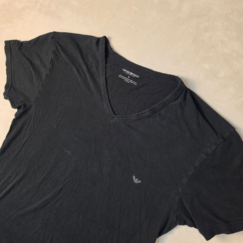 Emporio Armani Black Tee V Neck T Shirt Soft Cotton Logo Quiet Luxury Size XL
